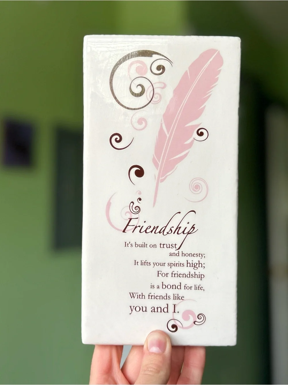 Vintage Friendship Ceramic with Pink Feather and Swirls Design Wall Decor